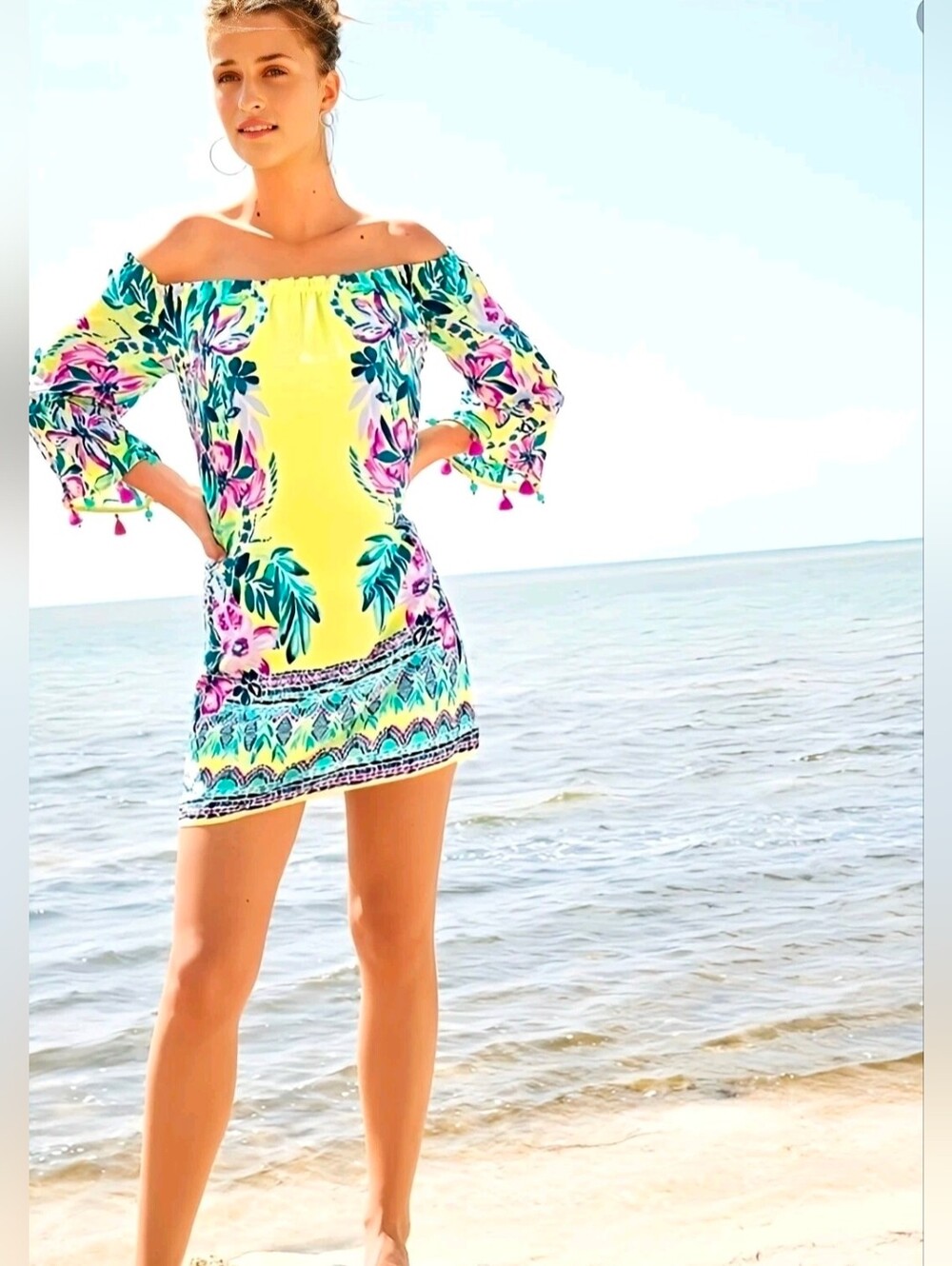 🦄HTF Lilly Pulitzer Payge Dress Bauble Yellow Lemur Alone Off Shoulder Tassels